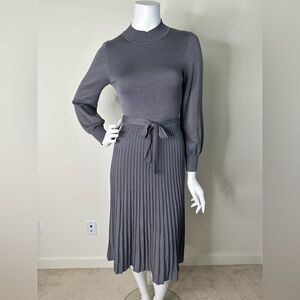 NINA LEONARD GREY BALLOON SLEEVE PLEATED MIDI DRESS SZ S
